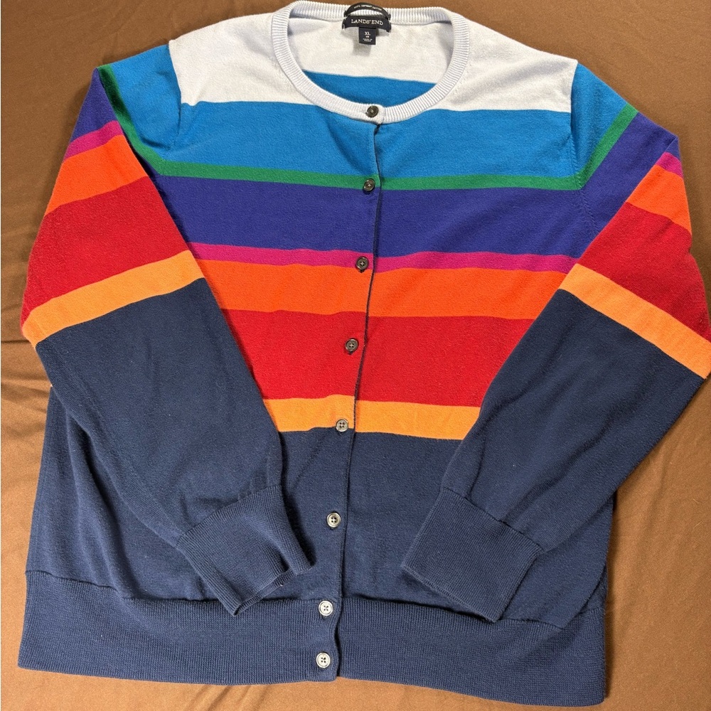 Lands' End XL Multicolor Striped 100% Supima Cotton Button Cardigan Sweater